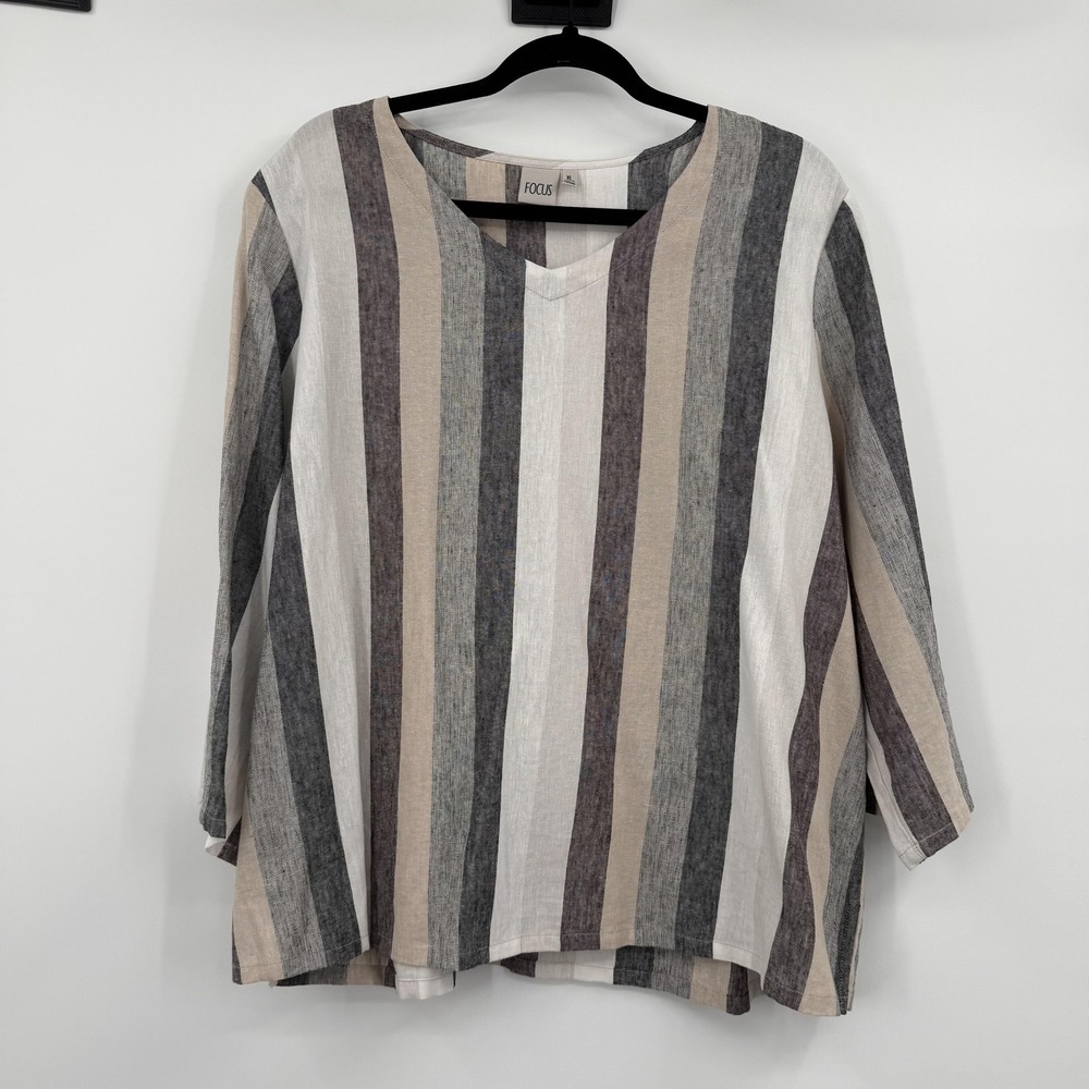Focus Top Shirt Womens XL Multicolor Tunic Linen Relaxed Neutral Minimalist